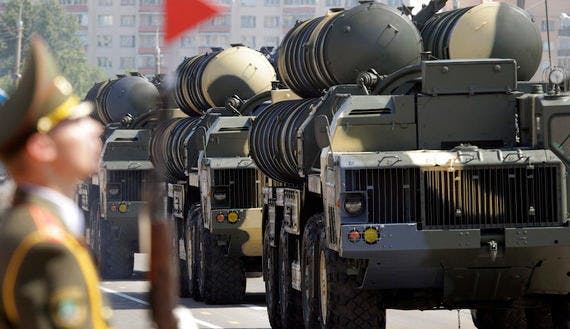 Belarusssian S-300 mobile missile launching systems drive through a military parade during celebrations marking Independence Day in Minsk