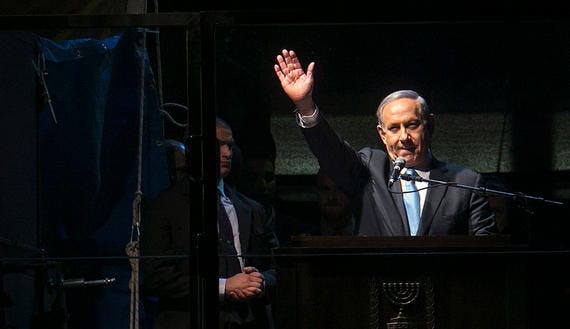 Israel’s Prime Minister Benjamin Netanyahu speaks during a right-wing rally in Tel Aviv’s Rabin Square