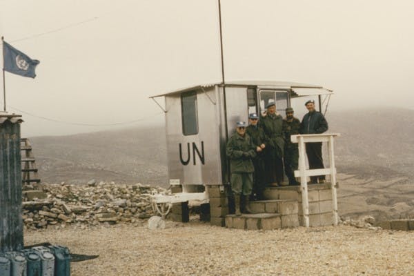 <br>Golan Heights outpost in Israeli-occupied Syria, with Keith Howard, left&nbsp;(AWM P12750.006)