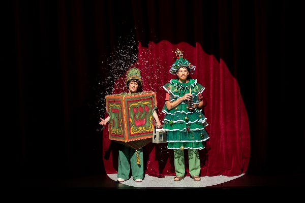 Photo: MTC's 'A Very Jewish Christmas Carol' opens with a dreidel and Christmas tree duet (Pia Johnson, MTC)