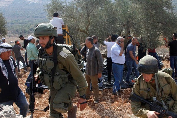 IDF guard Pal farmers olive harvest Nablus Flash90
