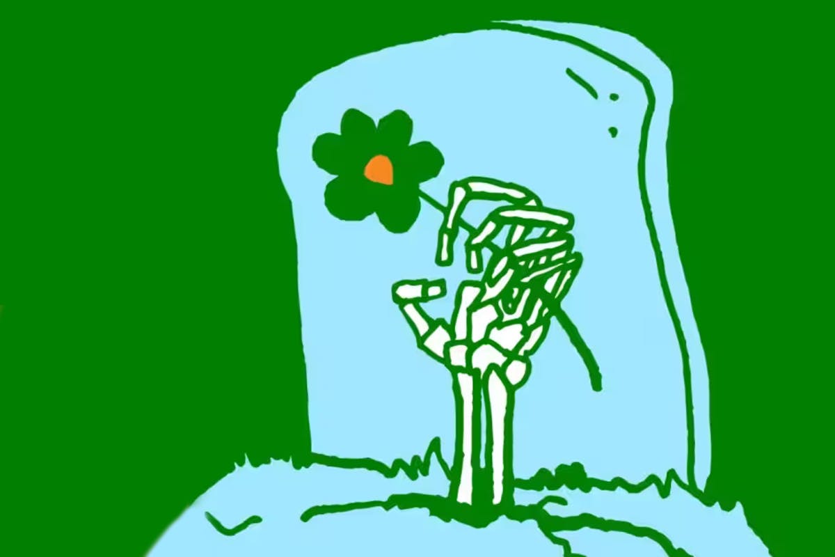 Cartoon of skeleton hand holding a flower