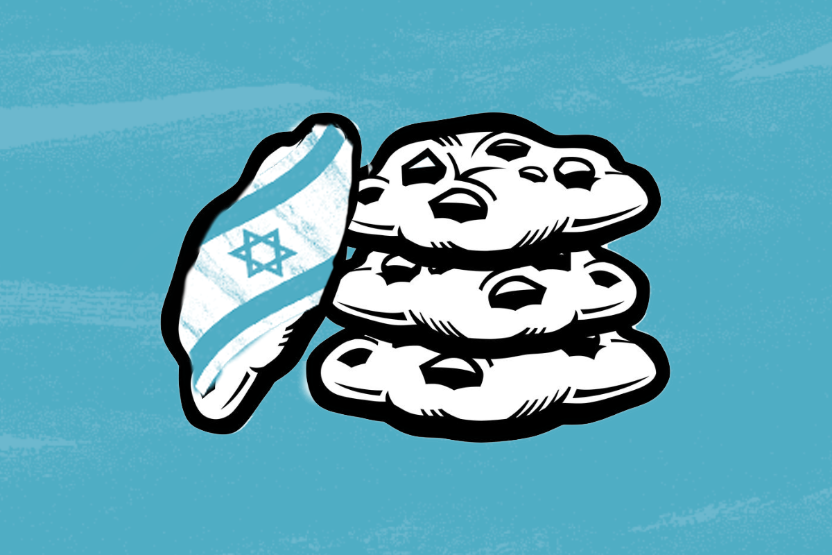 biscuits, one with an Israeli flag falling off the stack
