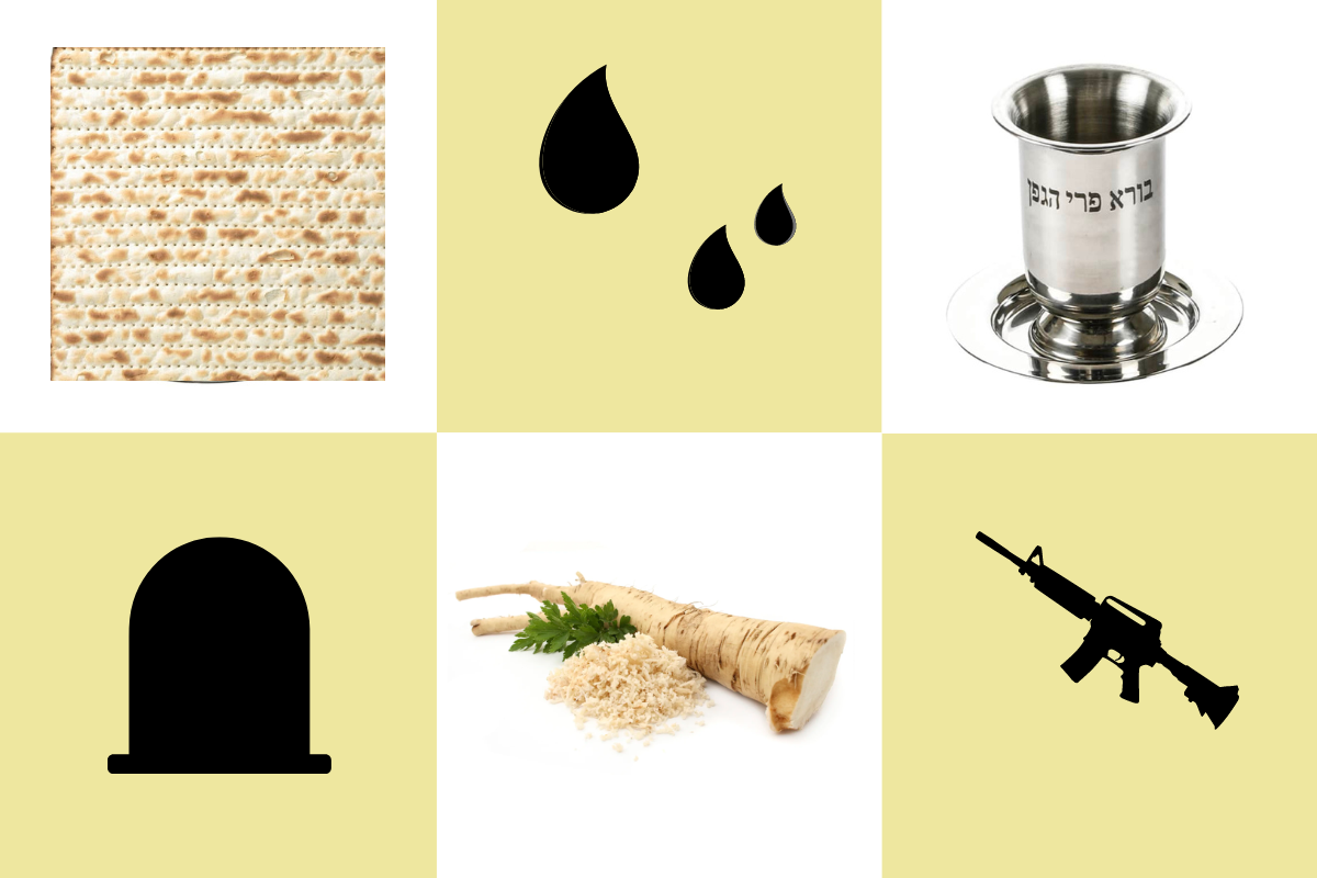 Matzah, horseradish, kiddush cup, tombstone, blood, gun