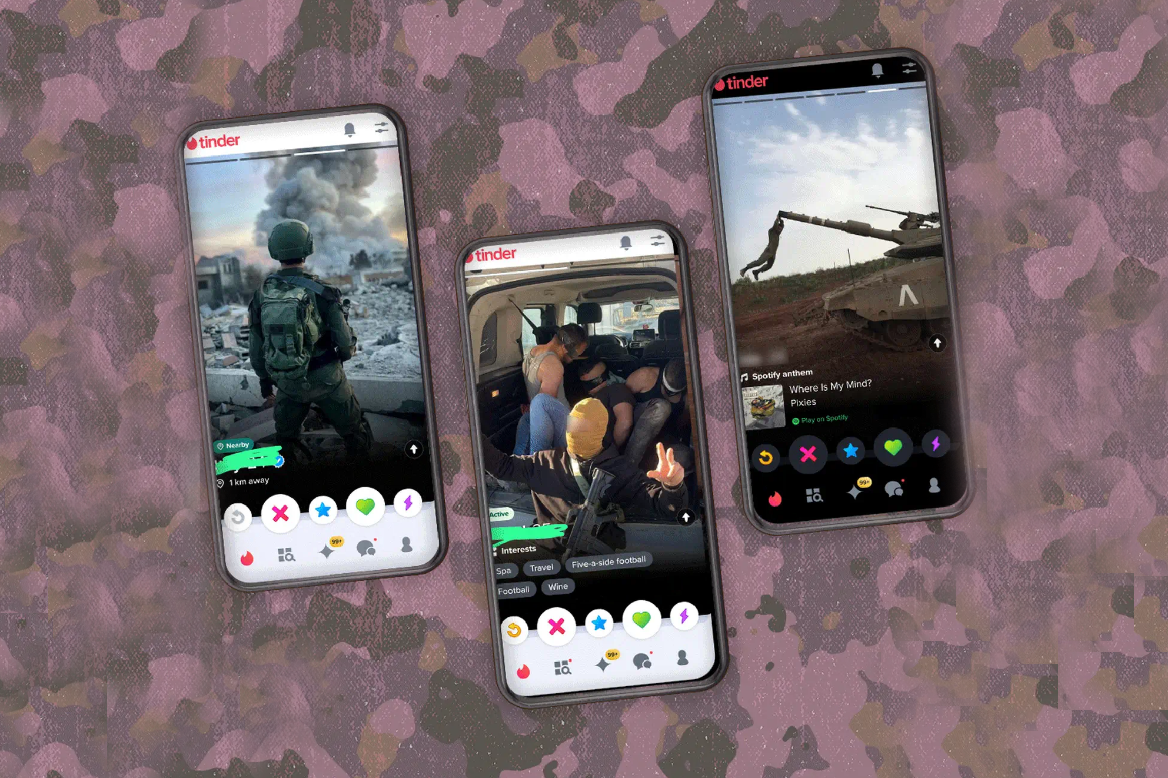 Three phones with images of Israeli soldiers on Tinder