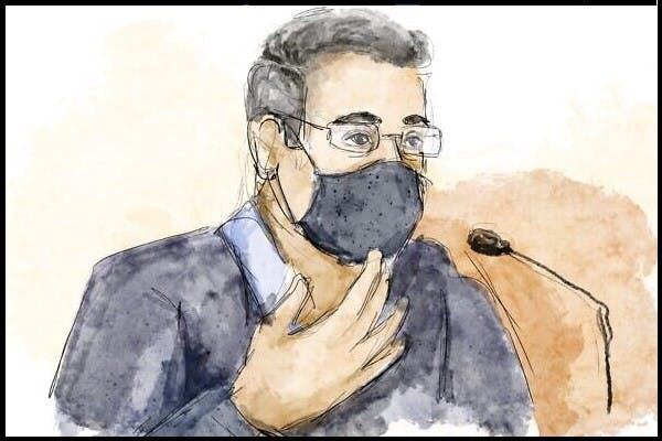 Illustration: Court sketch of Ilan Yeshua, &nbsp;former chief executive officer of Walla! Communications Channels Ltd. in the Jerusalem District Court, April 5 (Biana Zakutnik)<br>