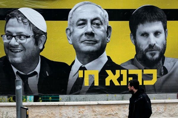 June 21 election poster, in which Netanyahu courted the far-right candidates Ben-Gvir (left) and Smotrich