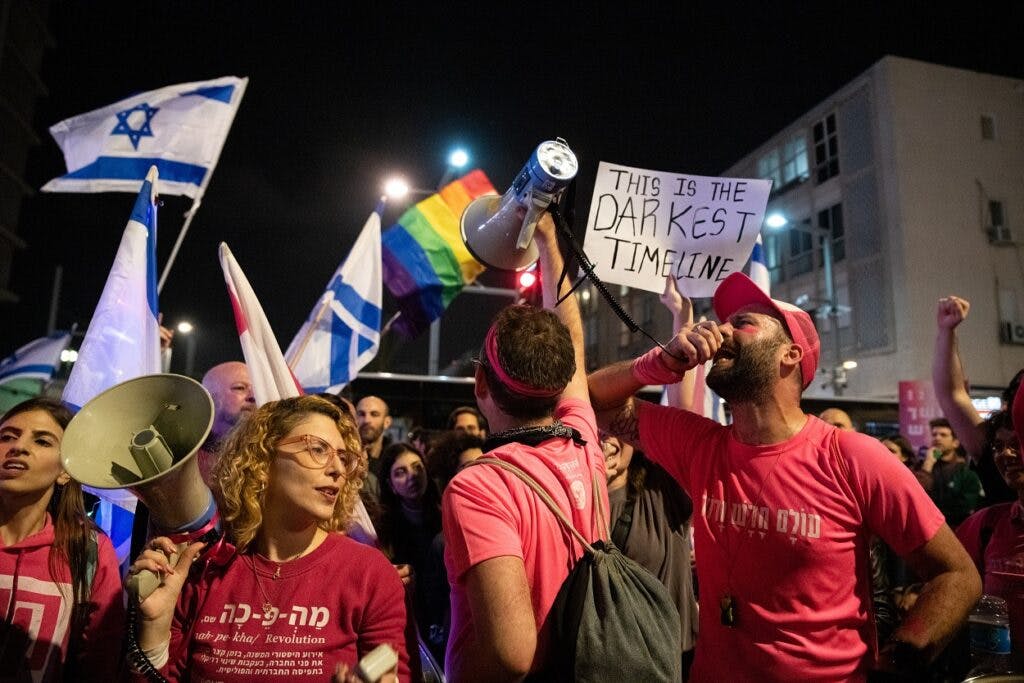 Protesters march in Tel Aviv streets against the judicial overhaul (Matan Golan/Sipa USA).