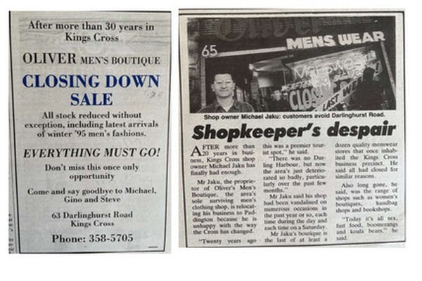 Newspaper clippings when Oliver's boutique closed down