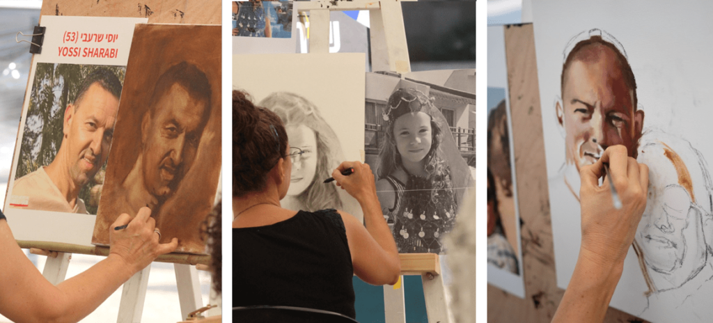Artists at work on hostage portraits outside Tel Aviv Museum of Art  (Freshpaint)