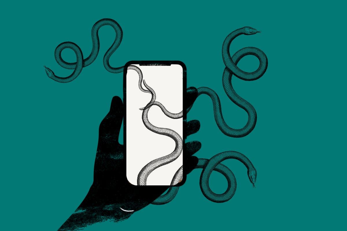 Snakes coming out of a mobile phone held in a hand