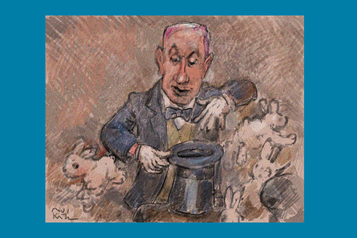 Cartoon of Benjamin Netanyahu as a magician looking into a hat and surrounded by rabbits